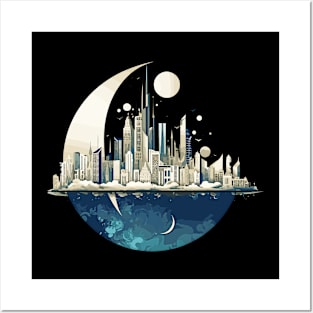 Modern City Skyline Landscape At Night Discovery Posters and Art